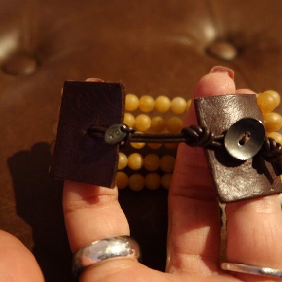 $195 Chan Luu 5 row yellow jade bracelet brown leather - Picture 10 of 16